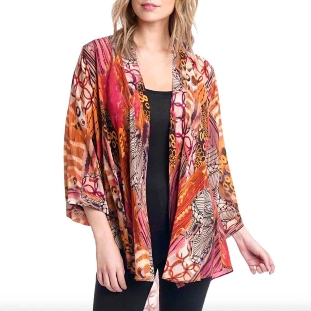 Tianello Zen 100% Silk Topper Kimono Open Front Cardigan Jacket Top M